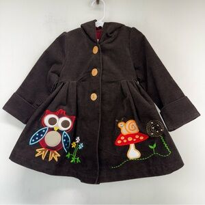Maria Elena size 2T Girls Brown Corduroy Owl Snail Embroidered Hooded Swing Coat